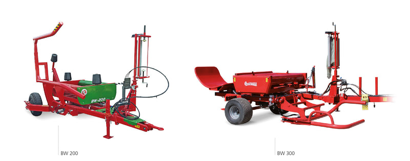 Enorossi BW-200 and BW-300 trailed bale wrappers showing side and front loading configurations