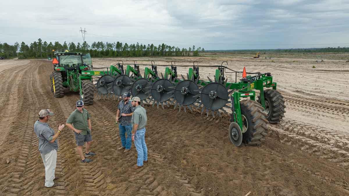 Harrell Ag Rock-N-Root Rake angled view during raking pass
