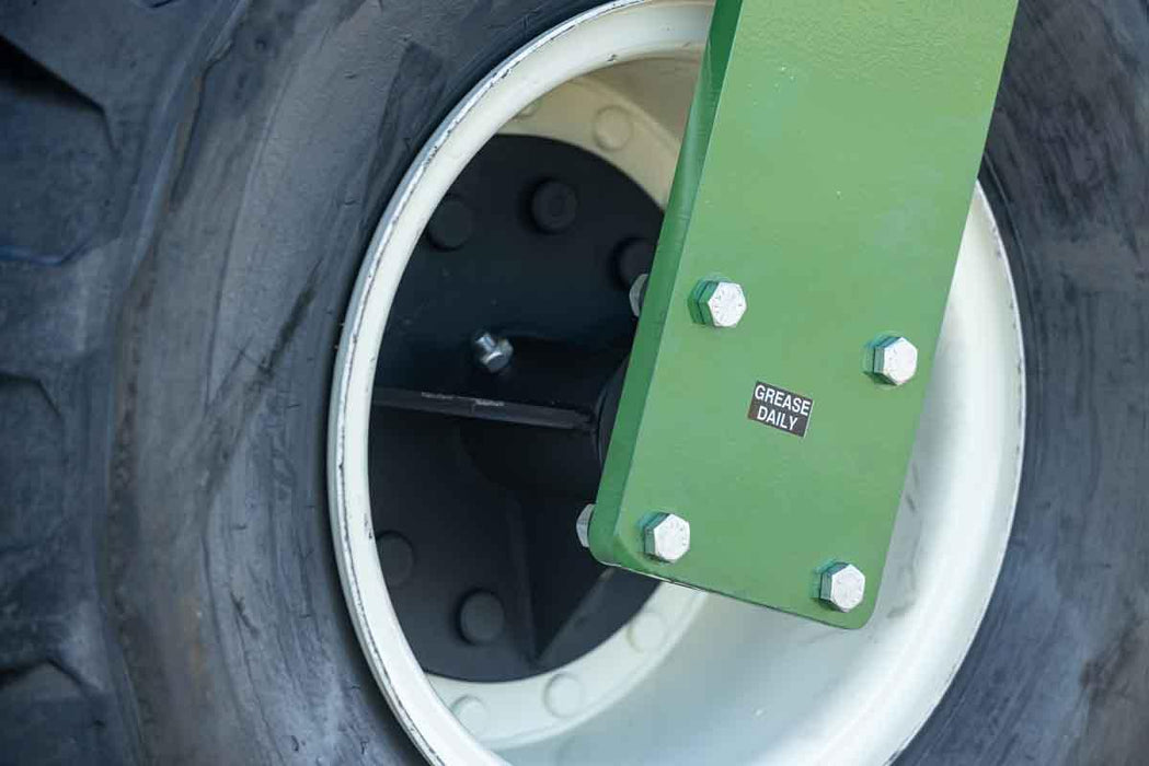 Harrell Ag Rock-N-Root Rake steel wheel close-up