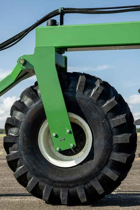 Harrell Ag Rock-N-Root Rake wheel assembly during field operation