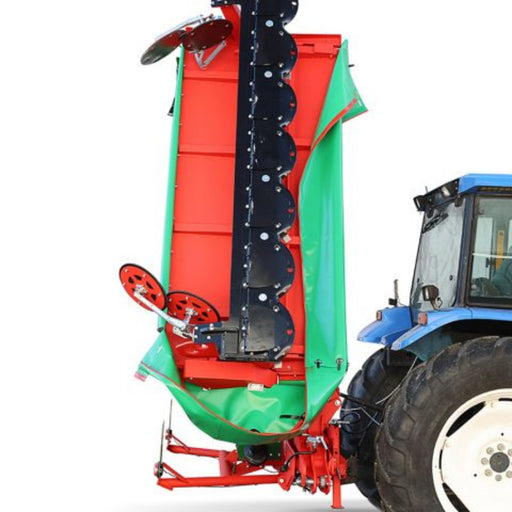 Enorossi DMP pendulum disc mower with conditioner in vertical transport position