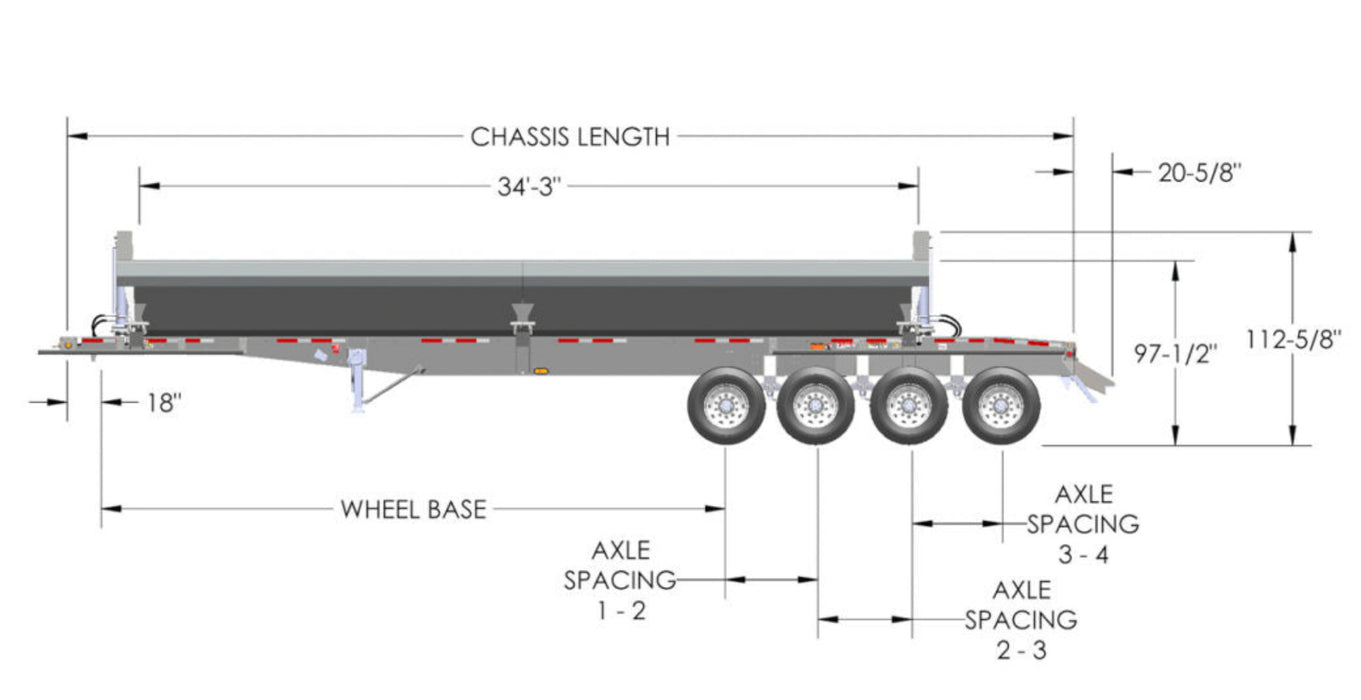 Technical diagram of Demco quad axle side dump trailer dimensions