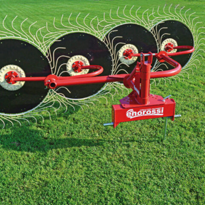 Enorossi Inline Forage Rake RP operating on grass field