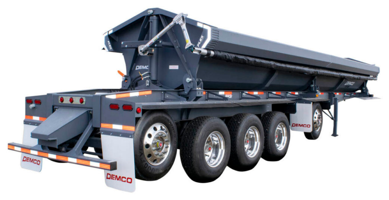 Demco quint axle side dump trailer configured with tarp system