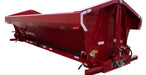 Rear view of Demco side dump truck box with dump body raised