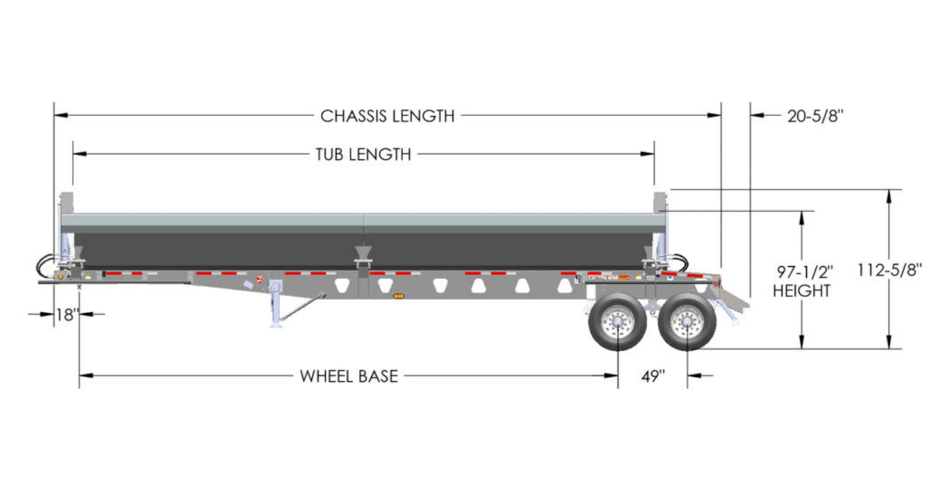 Tandem axle side dump trailer dimension diagram showing chassis length, tub length, and wheelbase
