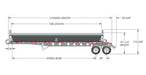 Tandem axle side dump trailer dimension diagram showing chassis length, tub length, and wheelbase