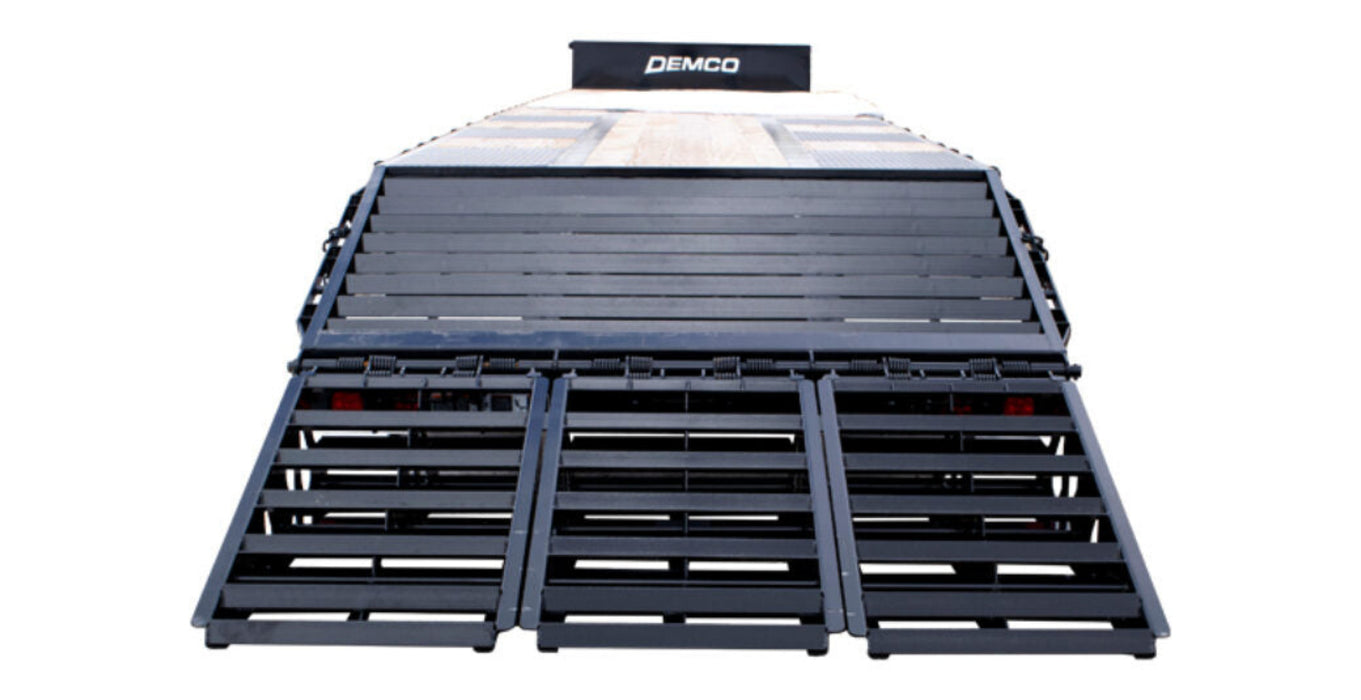 Rear view of drop deck trailer beaver tail ramp system