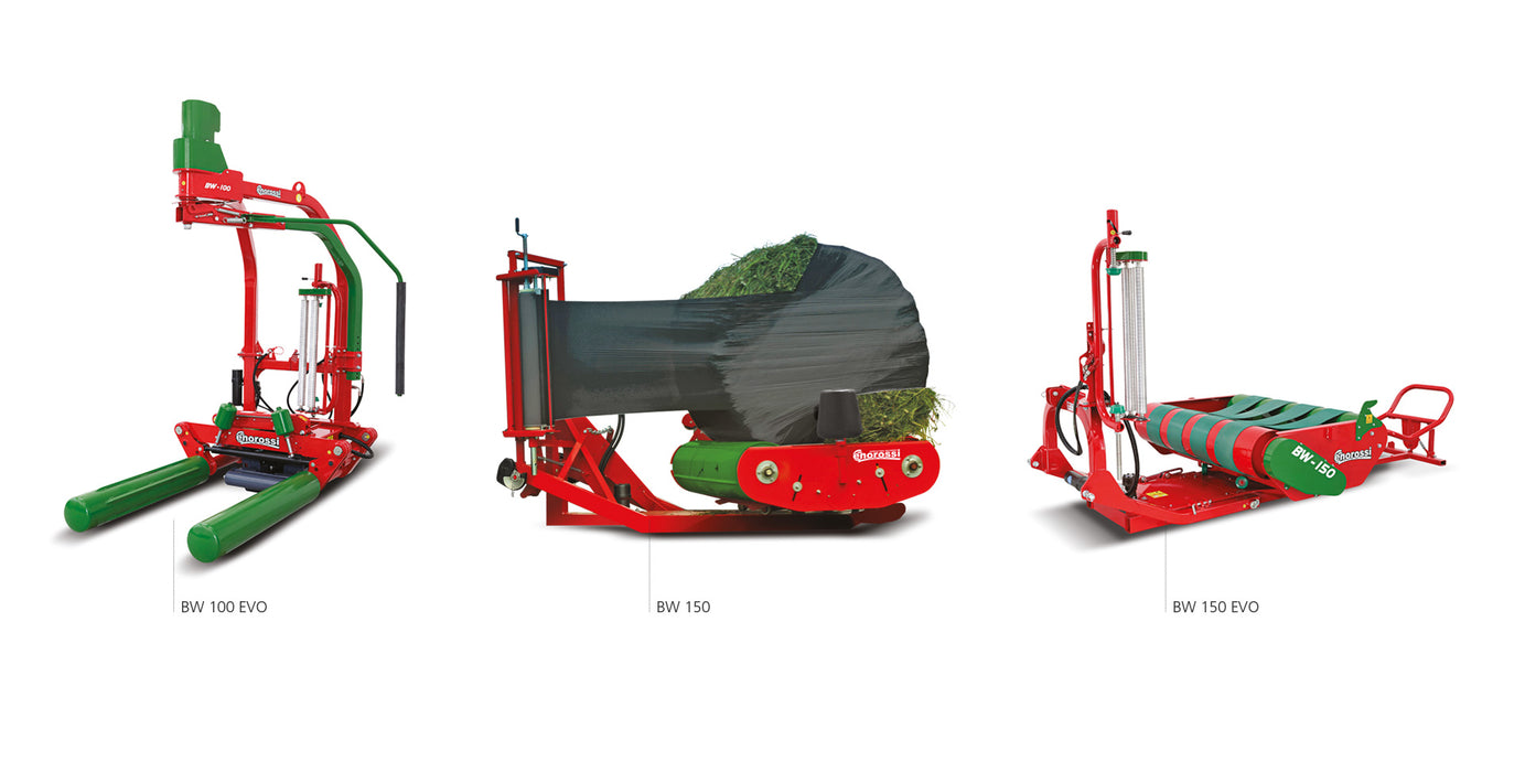 Enorossi BW mounted bale wrappers lineup showing BW 100 EVO and BW 150 models