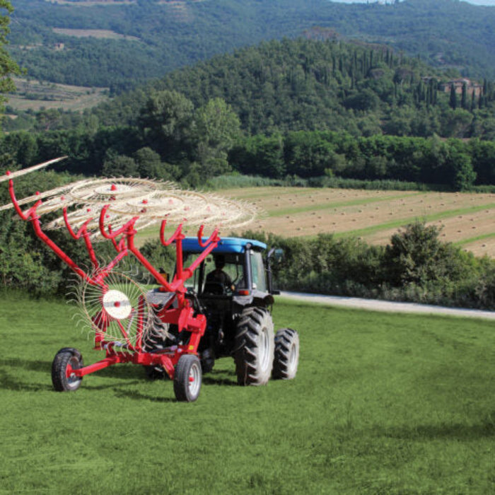 Enorossi wheel rake forming a central windrow in forage field