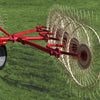 Rear angle of Enorossi wheel rake collecting forage into windrow