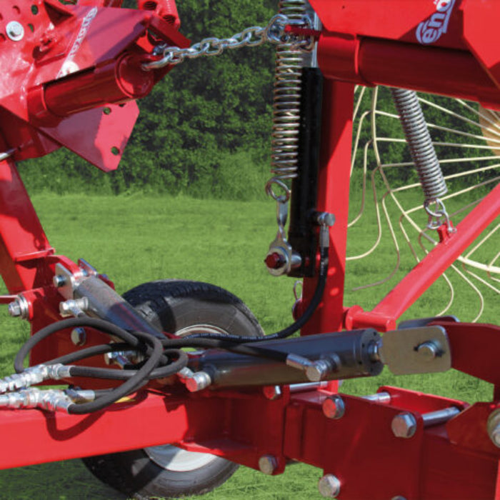 Transport wheel and support frame on Enorossi wheel rake