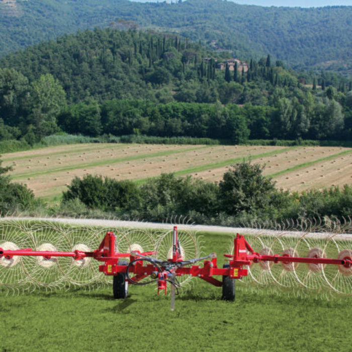 Wide working width of Enorossi CADDY wheel rake in field”