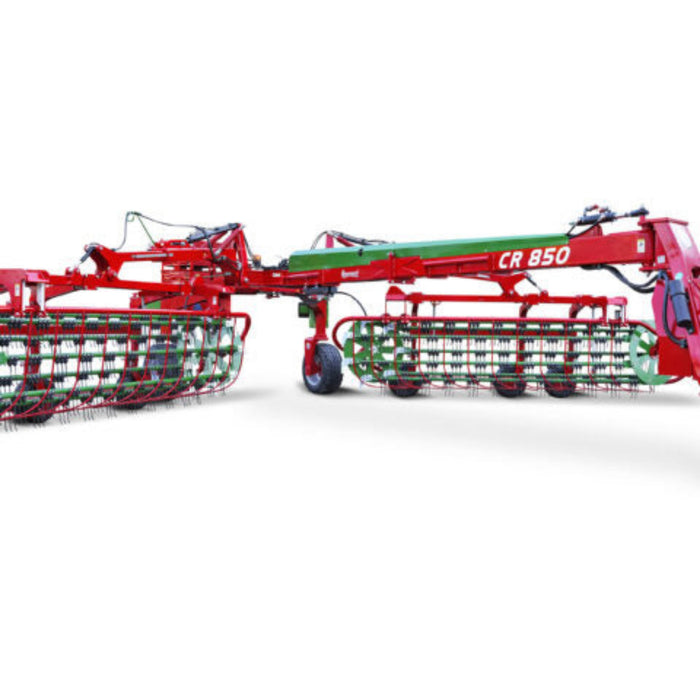 Side view of Enorossi CR-850 basket bar rake in transport position