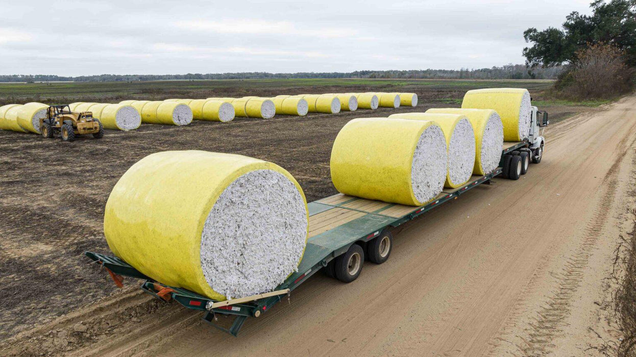 Harrell Ag Module 8 Express cotton module trailer transporting multiple round cotton modules on roadway