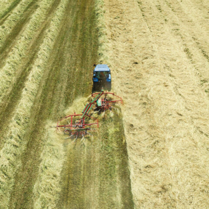 Enorossi TRACER 780 double rotary hay rake side view with trailed hitch